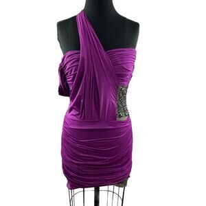 BOUBOU Purple Cotton Blend One Shoulder Embellished Ruched Mini Cocktail Dress S